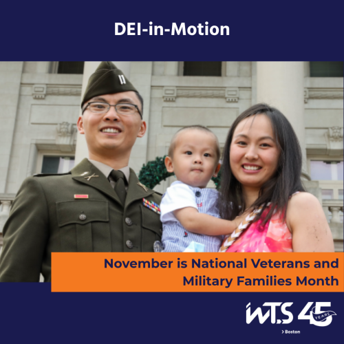 A smiling military service member in dress uniform stands with their spouse and young child in front of a government building. The image has a navy blue header reading "DEI-in-Motion" and an orange banner at the bottom stating "November is National Veterans and Military Families Month." The WTS Boston 45th anniversary logo appears in the bottom right corner.