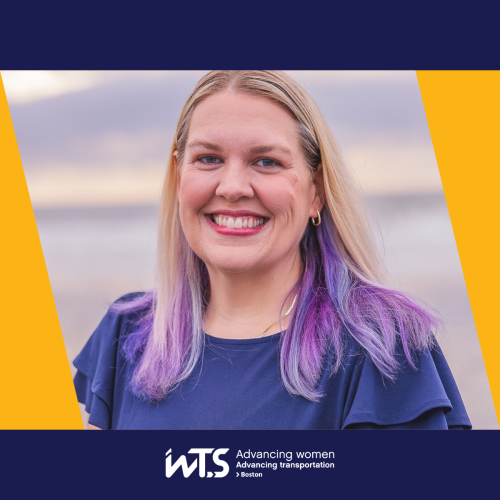 Woman smiling wearing a blue blouse with blonde and purple hair