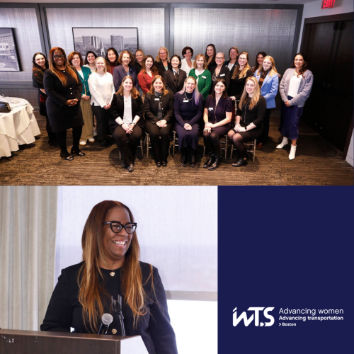 Collage of two image: top is a group of women smiling, bottom is a woman smiling standing at a podium