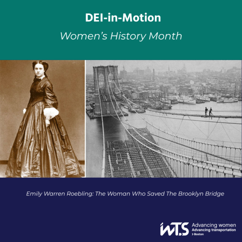 Photograph of woman wearing 19th-century clothing, and photograph of workers on suspended walkway of bridge structure