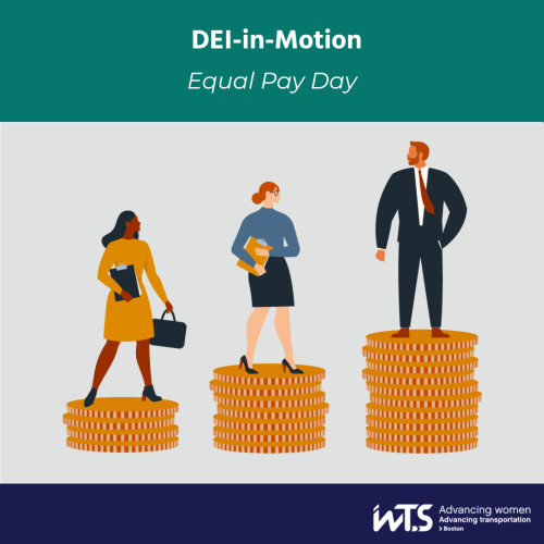 Illustration of two women and one man standing on stacks of coins of different heights to represent the gender pay gap. The man in a suit stands on the tallest stack of coins, while each woman stands on a shorter stack, showing women being paid less, with the woman of color on the shortest stack to represent the even wider gender pay gap based on race.