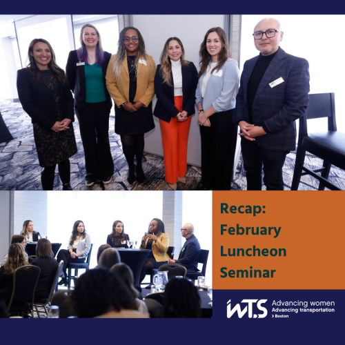 Photo of Moderator and Panelists with WTS-Boston leadership Sarah Bergman (WSP). Left to right: Claire Cooper (The Partnership), Sarah, Dr. Shirley J. Knowles (Tulios Consulting), Dr. Connie Cabello (State Street), Emily Nash (Foley Hoag LLP), and Jabes Rojas (MBTA), taken on February 3, 2026 at the Wyndham Boston Beacon Hill hotel in Boston.