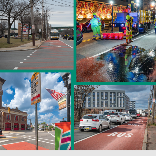 Composite image of MBTA bus infrastructure under a header that says "WTS Boston recognizes Massachusetts Bay Transportation Authority Better Bus Project." A seal over the image says "2026 Innovative Transportation Solutions Award," and the footer is the WTS-Boston logo, saying "WTS Advancing women, Advancing transportation > Boston." Composite image: A bus in a bus/right-turn lane at the Mystic Mall, a construction crew installing red pavement for a bus lane at night, an MBTA bus stop sign with an American 