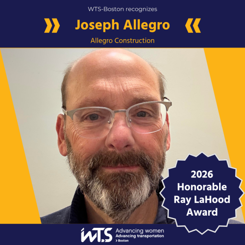 Headshot of Joe Allegro wearing a navy quarter zip in an indoor setting under a header that says "WTS-Boston recognizes Joe Allegro, Allegro Construction"