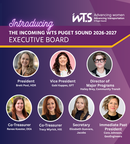 Individual headshot for seven individuals over a purple background. Text: Introducing the incoming WTS Puget Sound 2026-2027 Executive Board