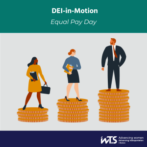 Illustration of two women and one man standing on stacks of coins of different heights to represent the gender pay gap. The man in a suit stands on the tallest stack of coins, while each woman stands on a shorter stack, showing women being paid less, with the woman of color on the shortest stack to represent the even wider gender pay gap based on race.